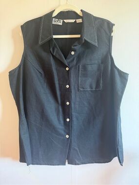 Malcolm & Co Irish Linen Sleeveless Blouse Black Button Front 2X Plus